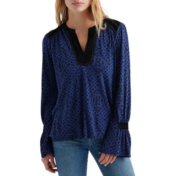 Lucky Brand Braided Velvet Trim Flare Sleeve Top Sz M - Picture 11 of 11